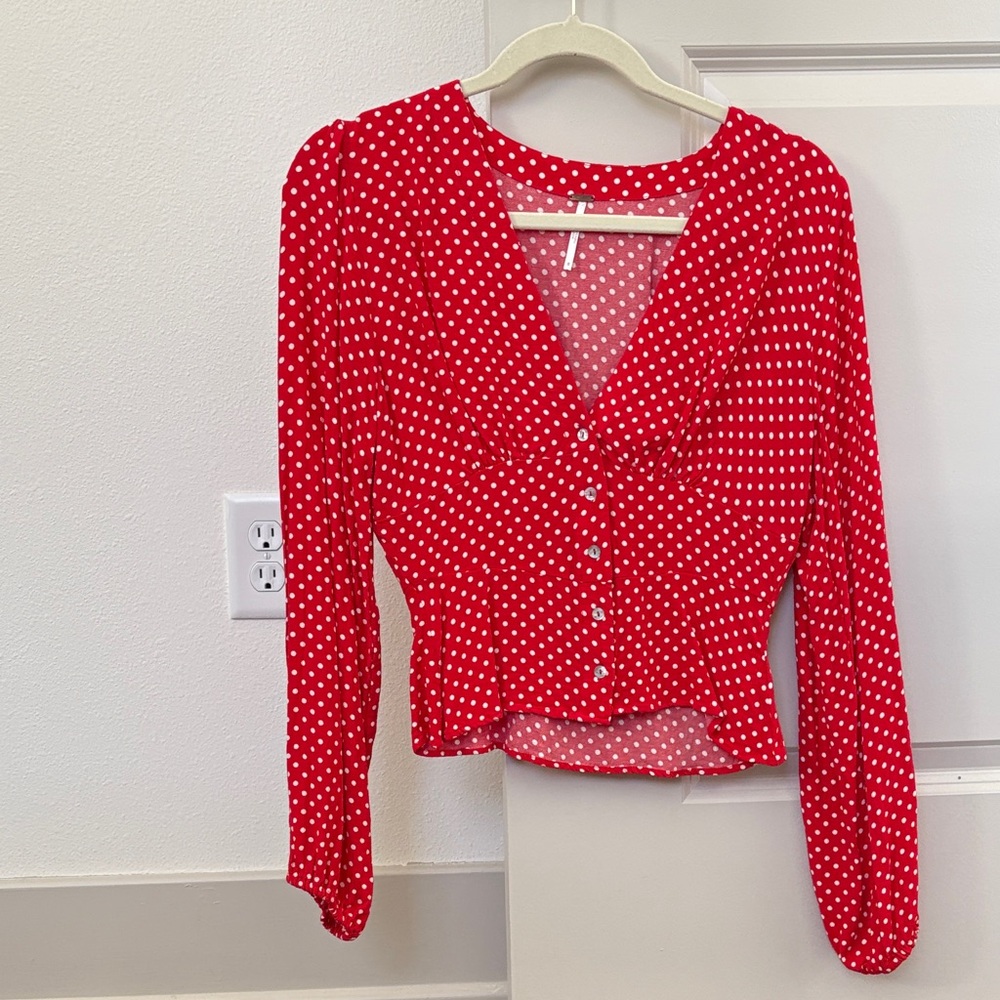 Free People Red Polka Dot Blouse